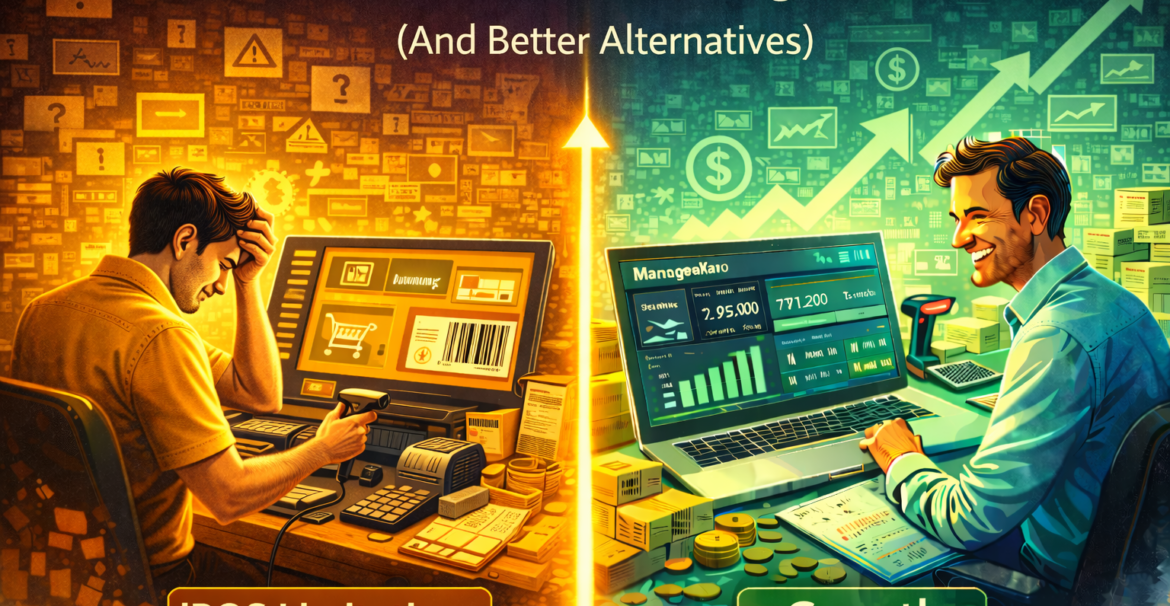 iPOS limitations for growing retail and SMEs shown through a split-screen comparison of billing struggles versus business growth dashboards