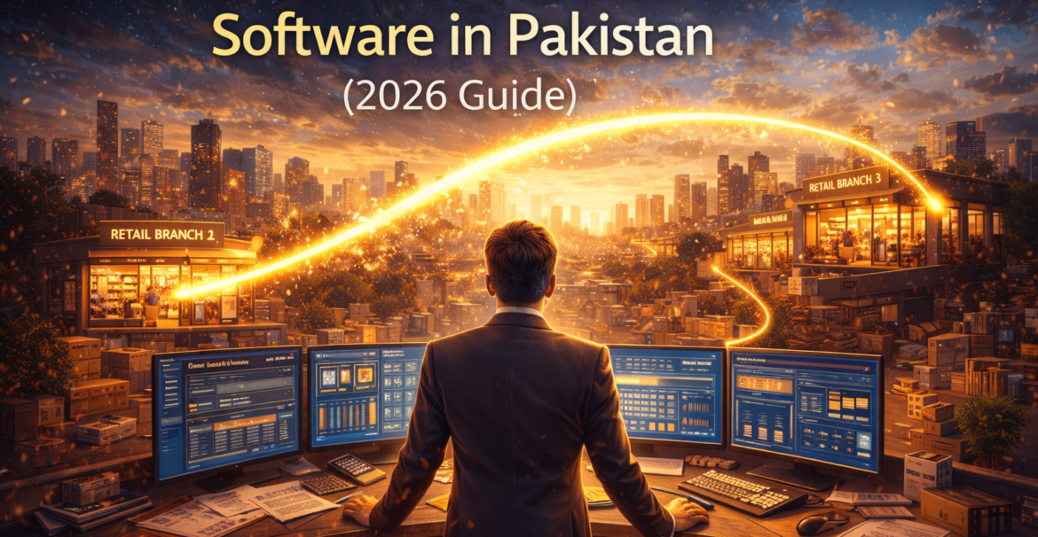 Best retail ERP software in Pakistan 2026 illustrated by a retail command center connecting multiple branches with a golden growth arc