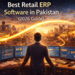 Best retail ERP software in Pakistan 2026 illustrated by a retail command center connecting multiple branches with a golden growth arc