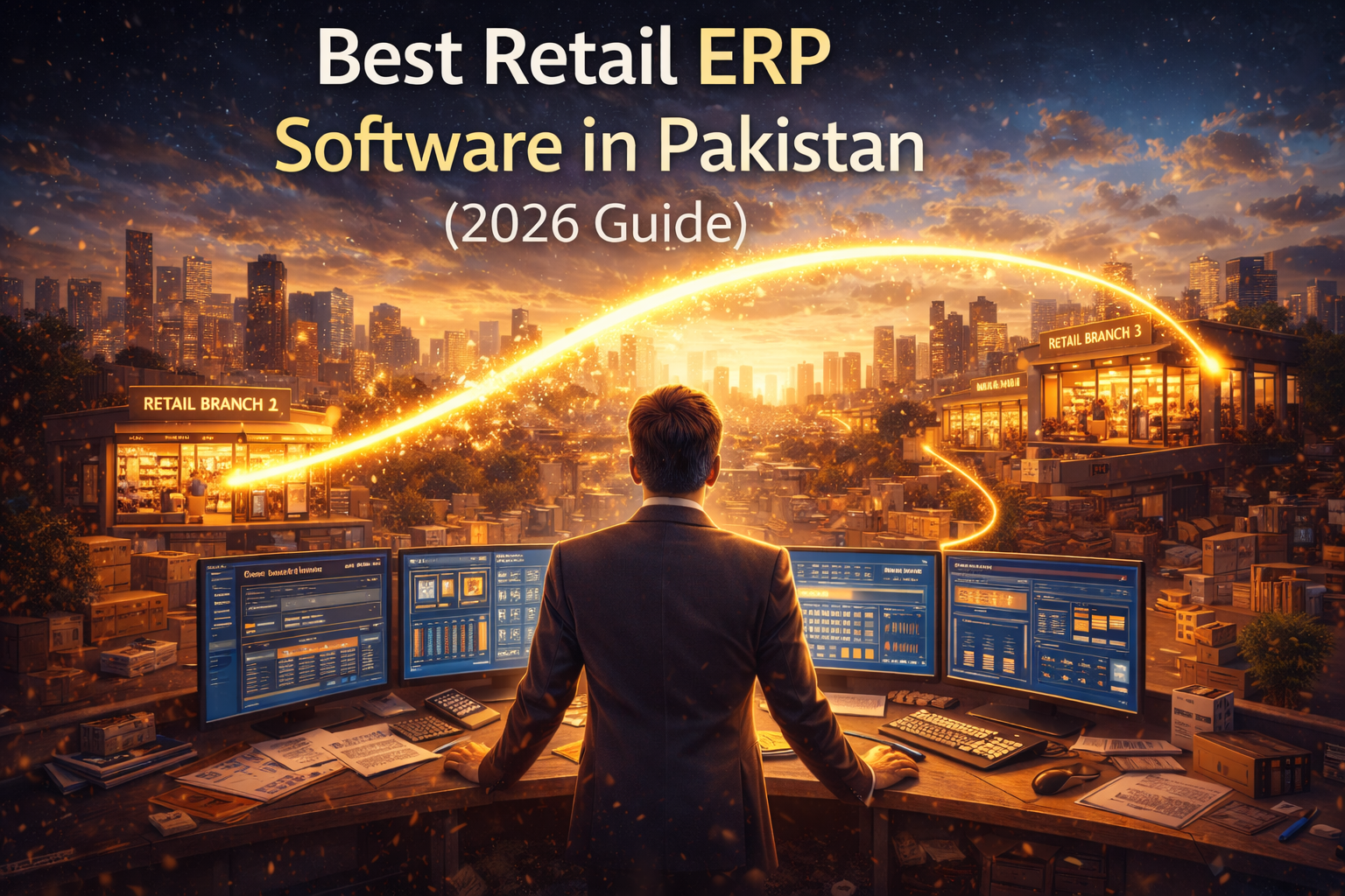 Best retail ERP software in Pakistan 2026 illustrated by a retail command center connecting multiple branches with a golden growth arc