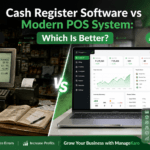 Cash register software vs modern POS system comparison showing basic billing with limited reports versus ManageKaro POS dashboard with inventory tracking, customer management, reports, payments, and smart business control.