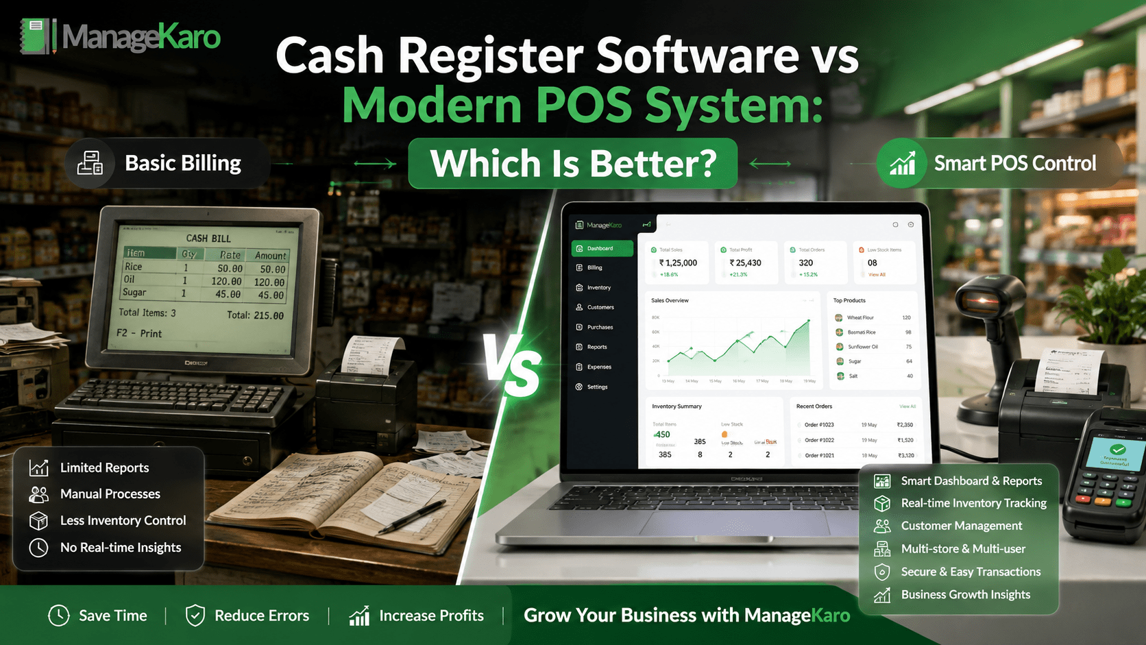 Cash register software vs modern POS system comparison showing basic billing with limited reports versus ManageKaro POS dashboard with inventory tracking, customer management, reports, payments, and smart business control.