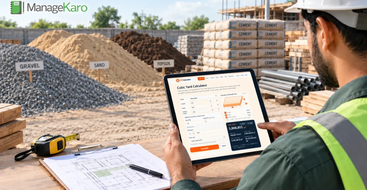 ManageKaro cubic yard calculator displayed on a tablet as a construction worker estimates gravel, sand, and topsoil requirements at a building material supply yard.