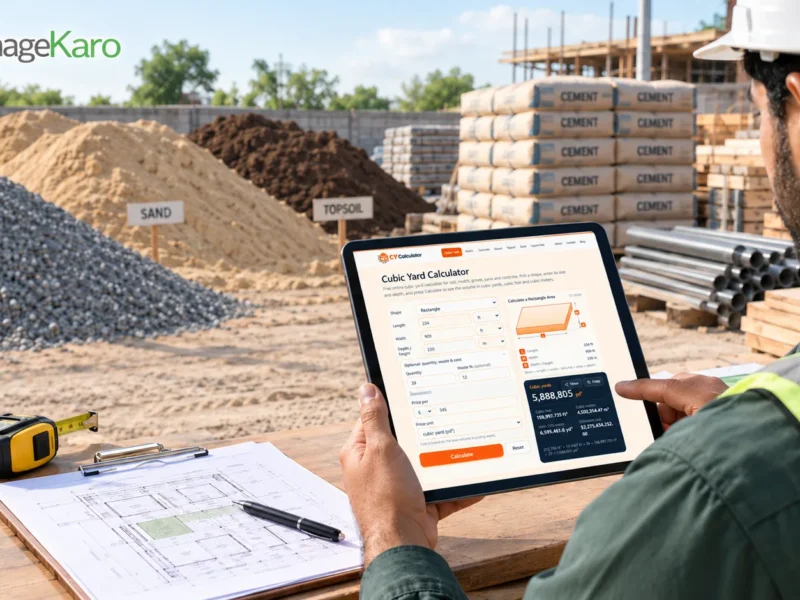ManageKaro cubic yard calculator displayed on a tablet as a construction worker estimates gravel, sand, and topsoil requirements at a building material supply yard.