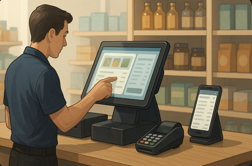 Illustration of a modern POS system interface with sales analytics, customer checkout, and inventory dashboard in a retail store.