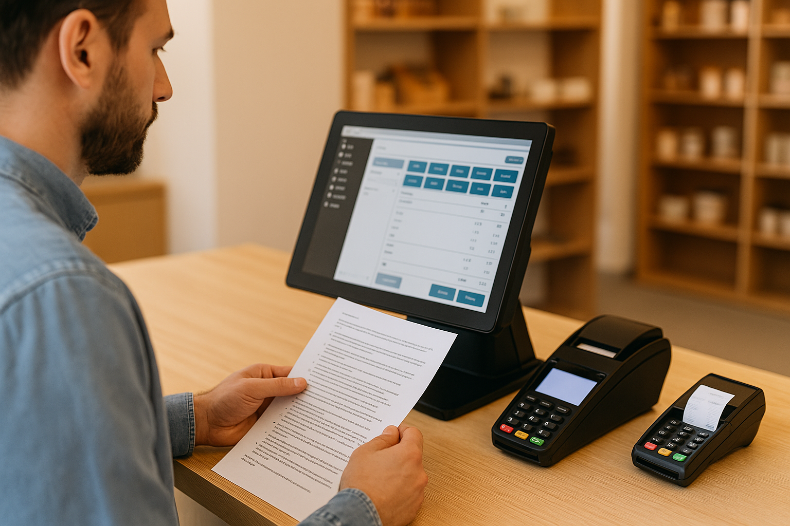 business owner reviewing point of sale system at store counter