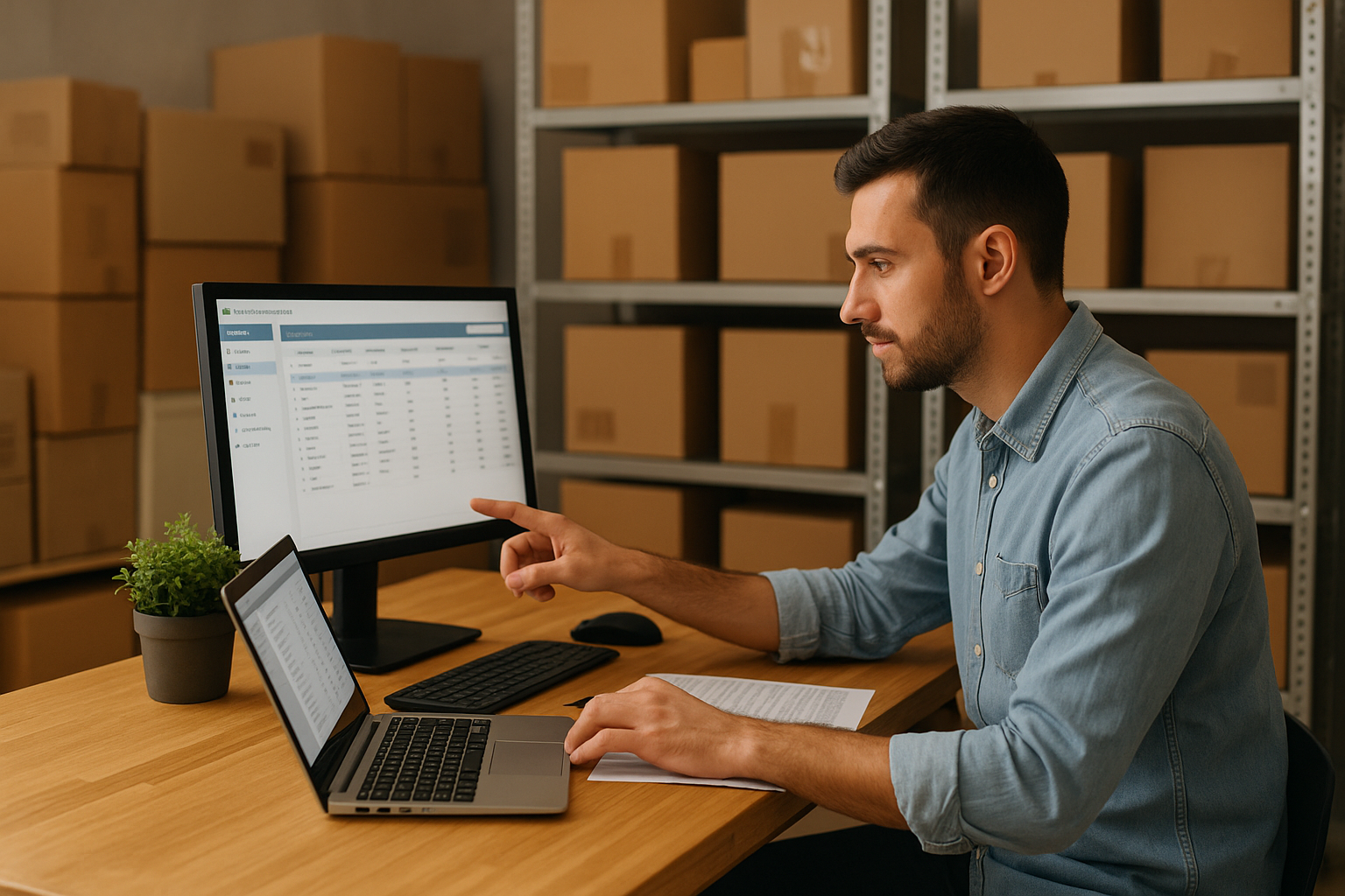 business owner using inventory management software in warehouse