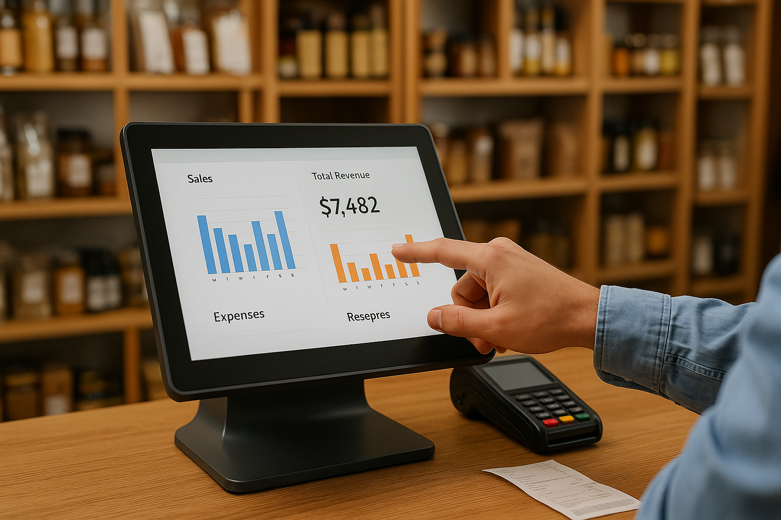 POS system displaying sales and expenses data on touchscreen