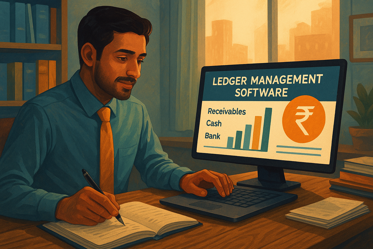 businessman using ledger management software on laptop