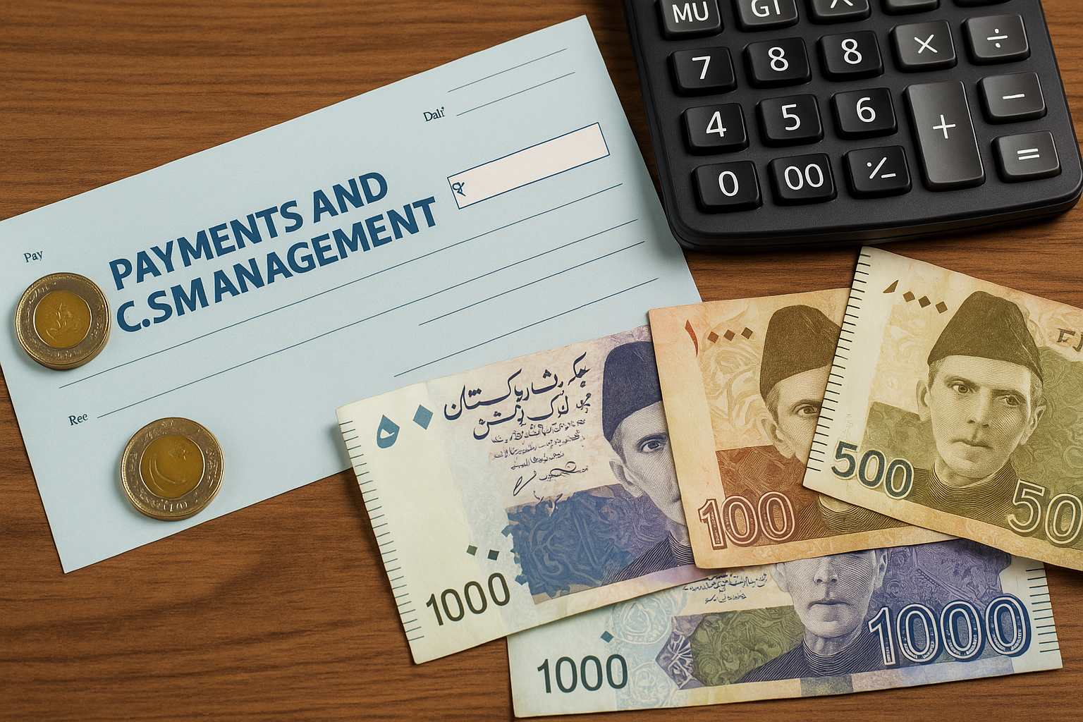 Pakistani rupee currency with payment and cash management items