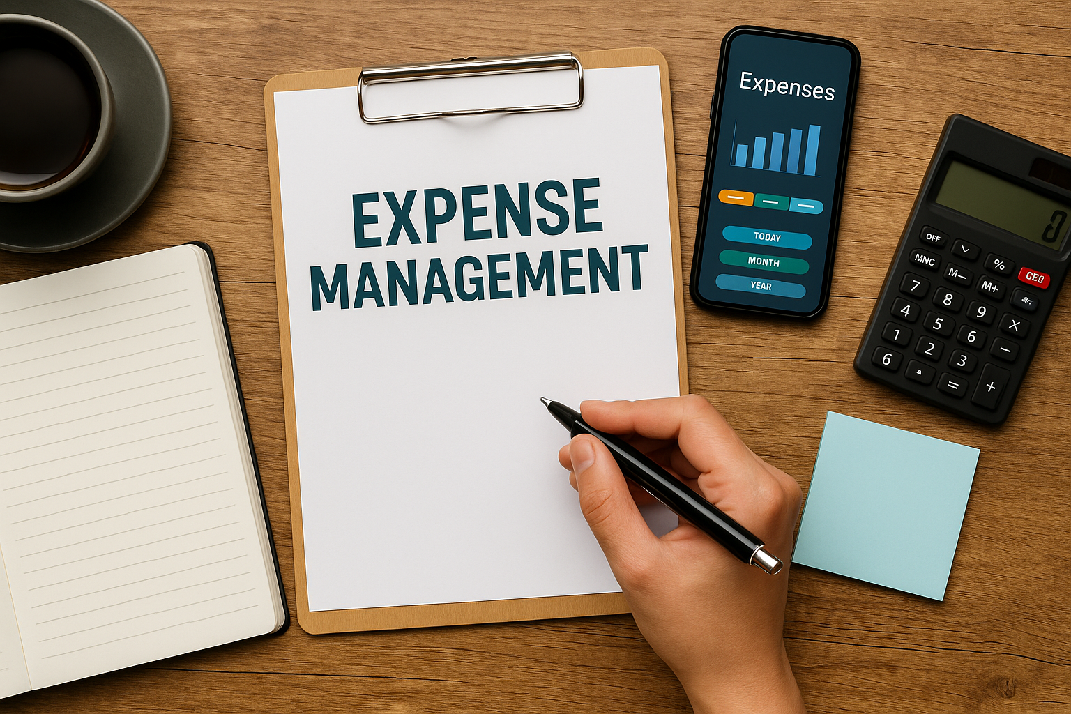 expense management tool workspace with phone and calculator
