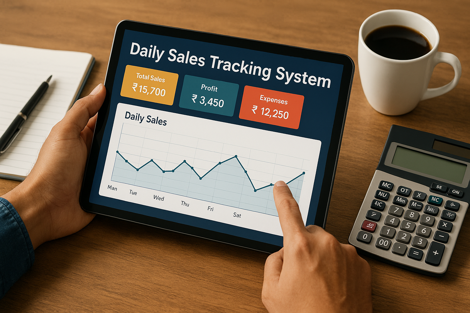 person using daily sales tracking system on tablet