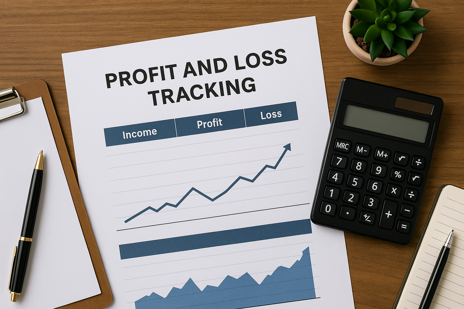 profit and loss tracking tool workspace with charts and calculator