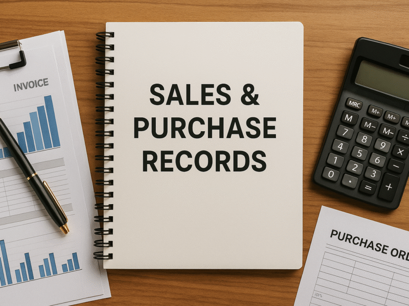 notebook labeled sales and purchase records with calculator and documents