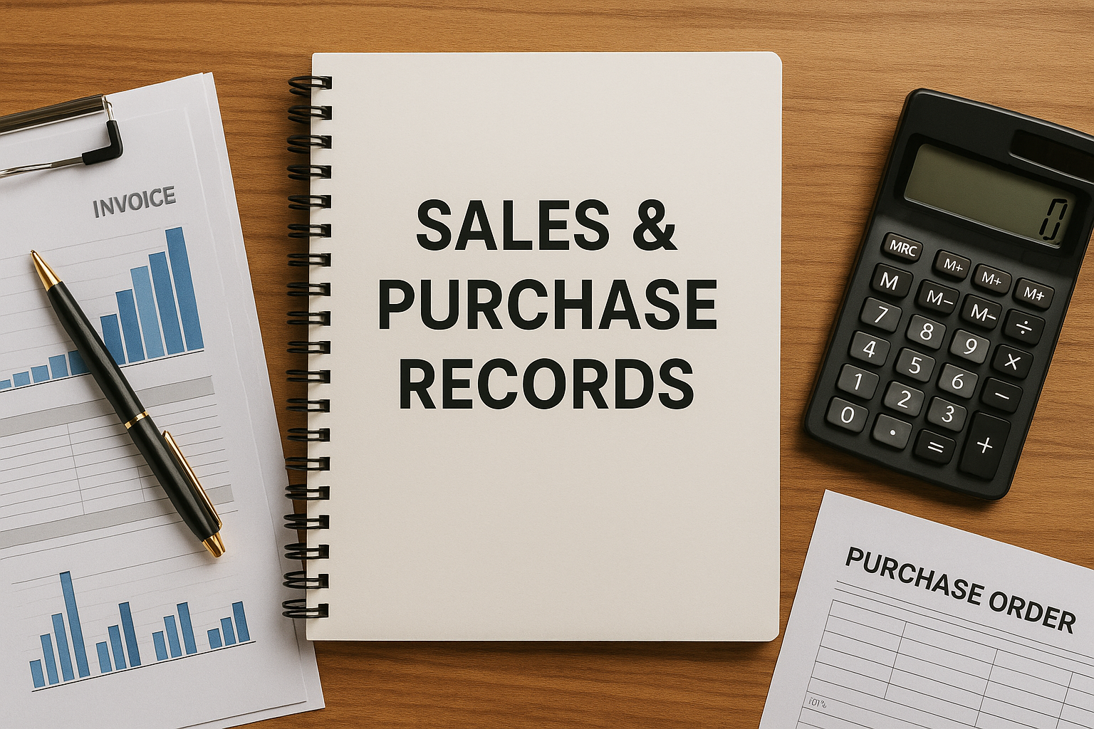 notebook labeled sales and purchase records with calculator and documents