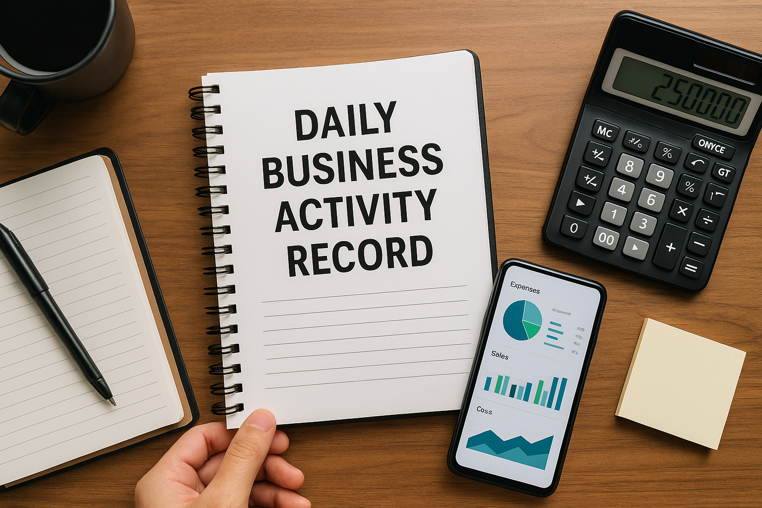 daily business activity record on desk with tablet and reports