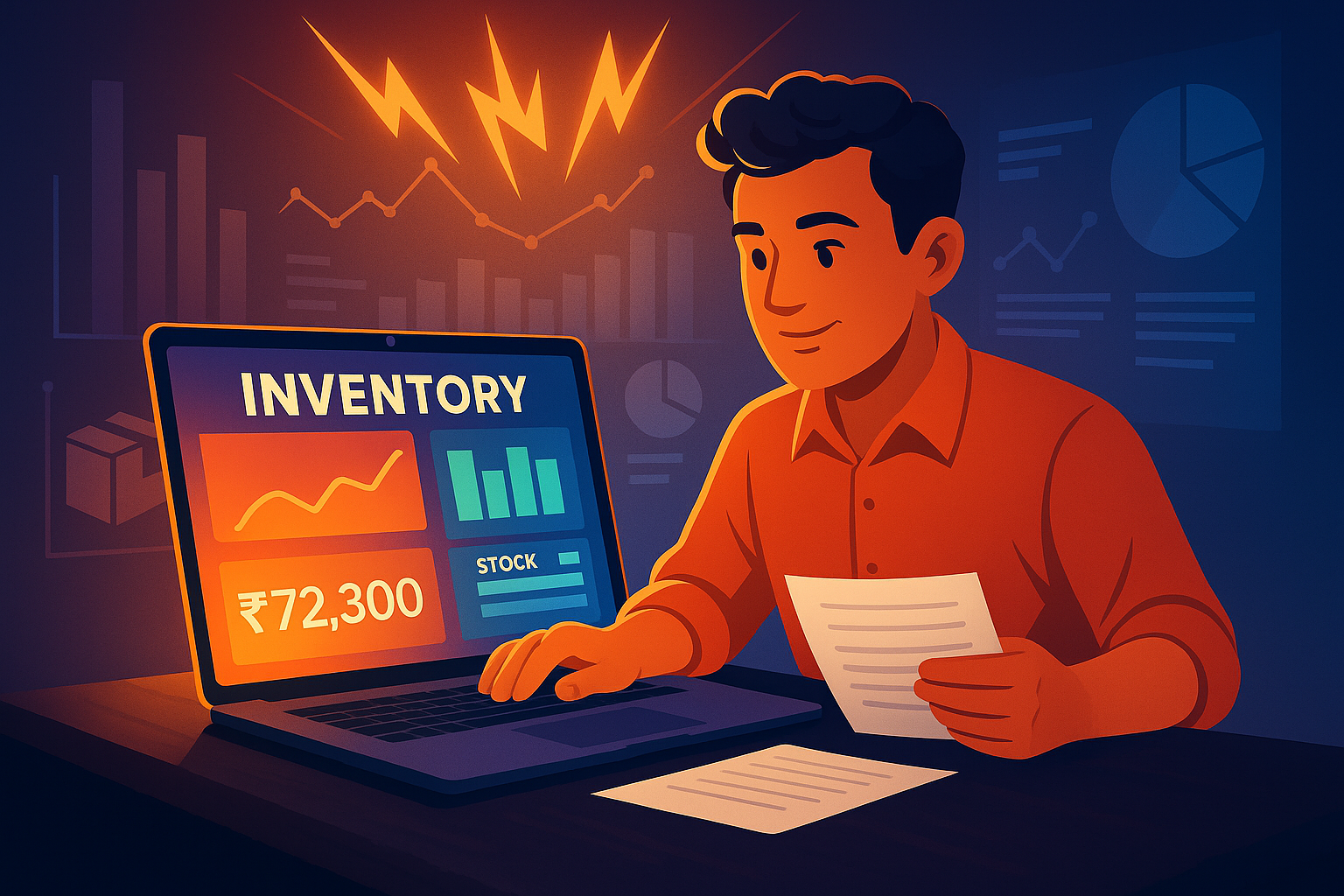 Business owner analyzing billing reports on laptop with ₹ amount highlighted