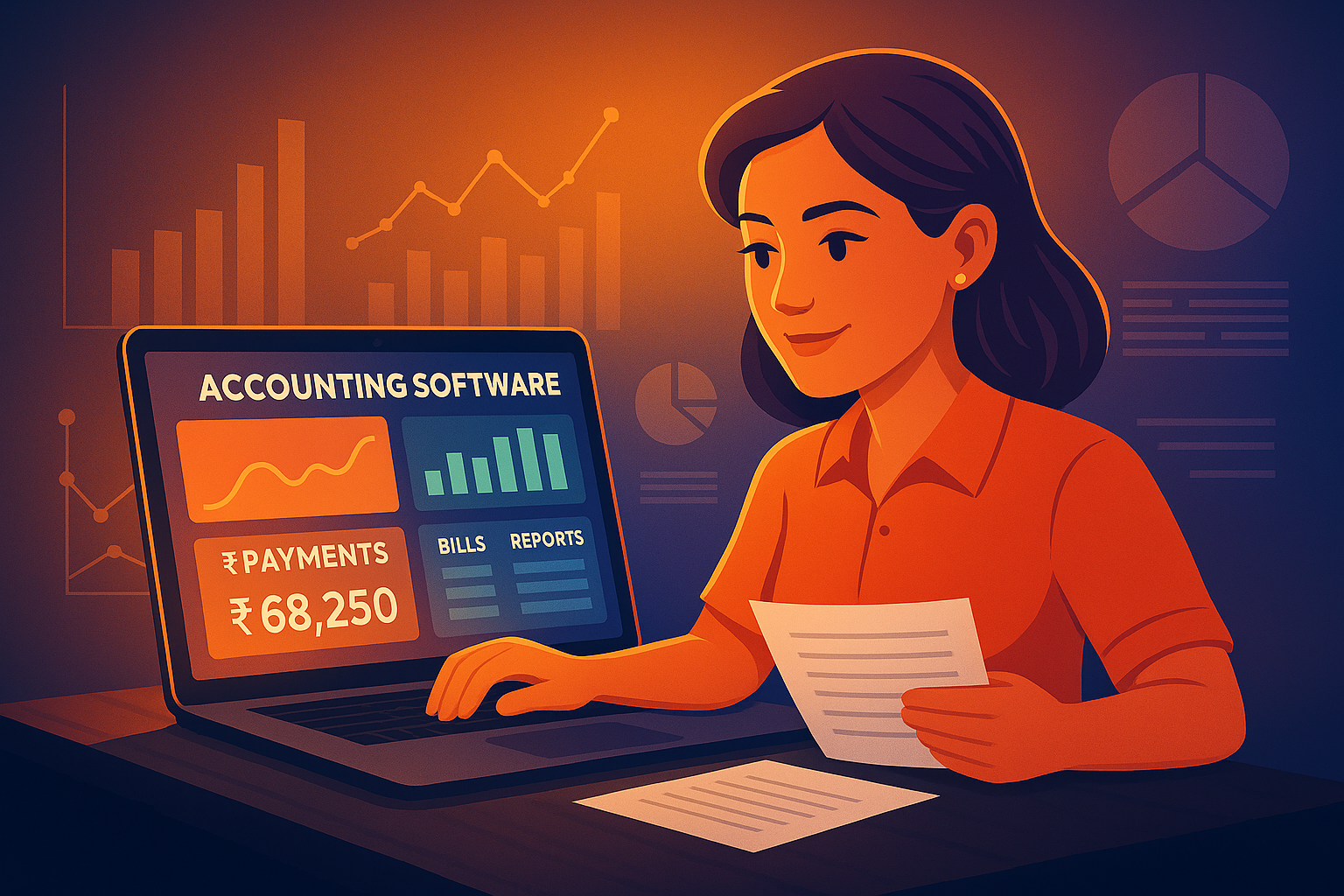 Female entrepreneur using simple billing software on a laptop with colorful financial reports on screen