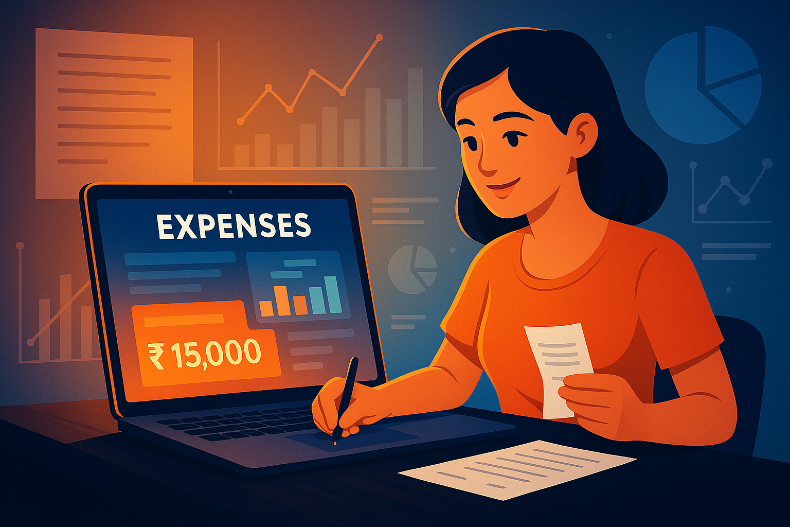 Young woman managing business expenses on a laptop