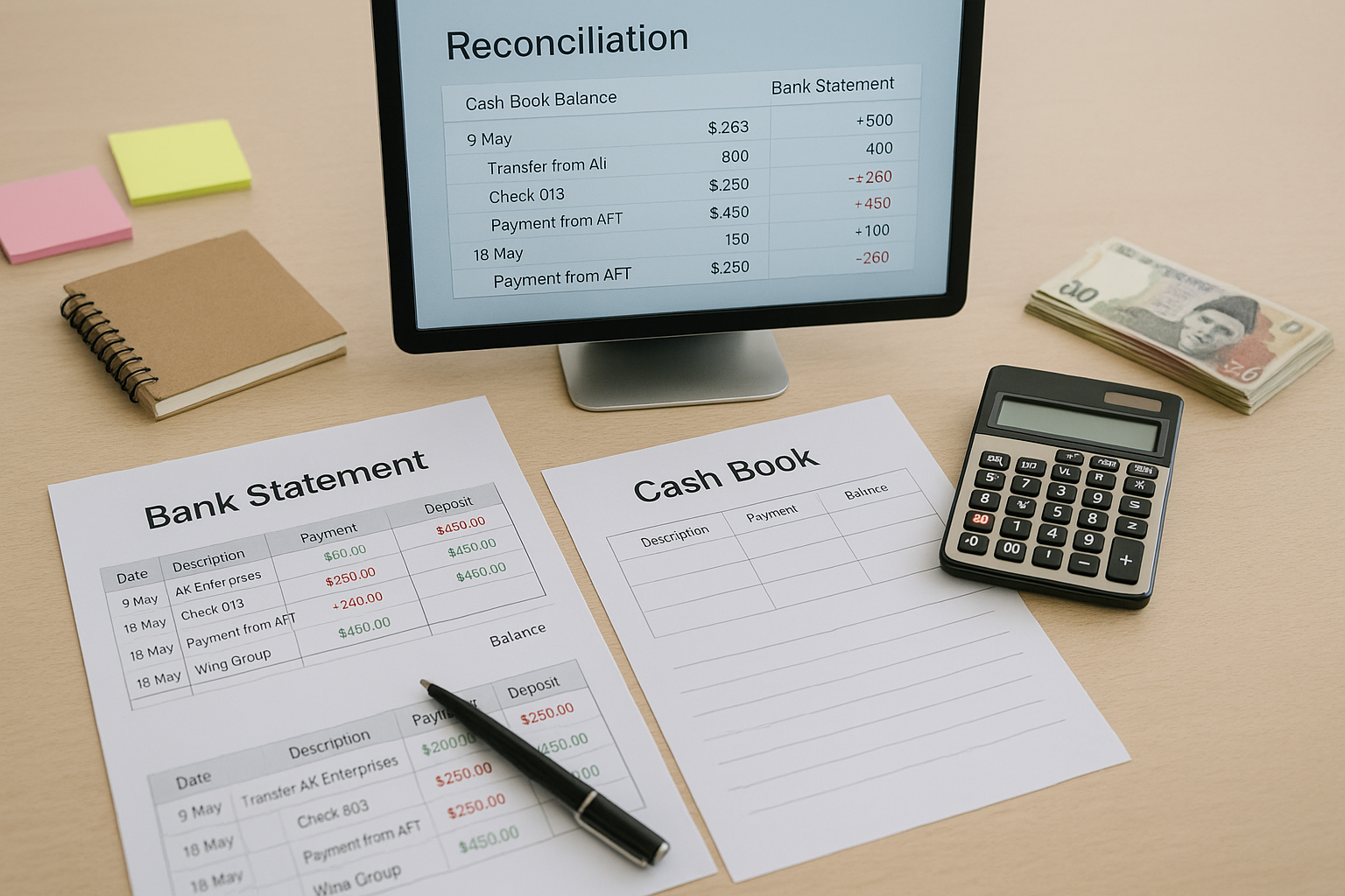 bank and cash reconciliation tool with ledger and balance sheet
