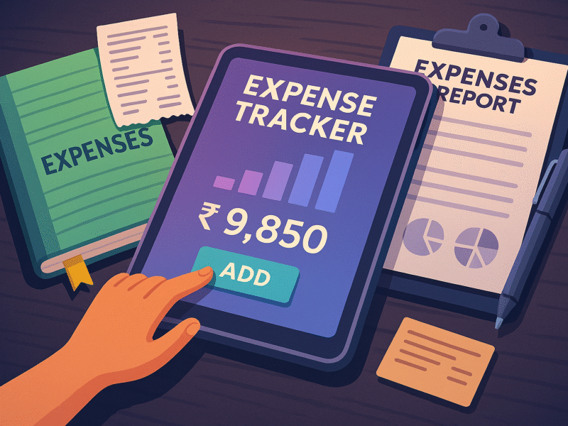 Flat digital illustration of a smart expense tracker interface on tablet with expense registers and shadows