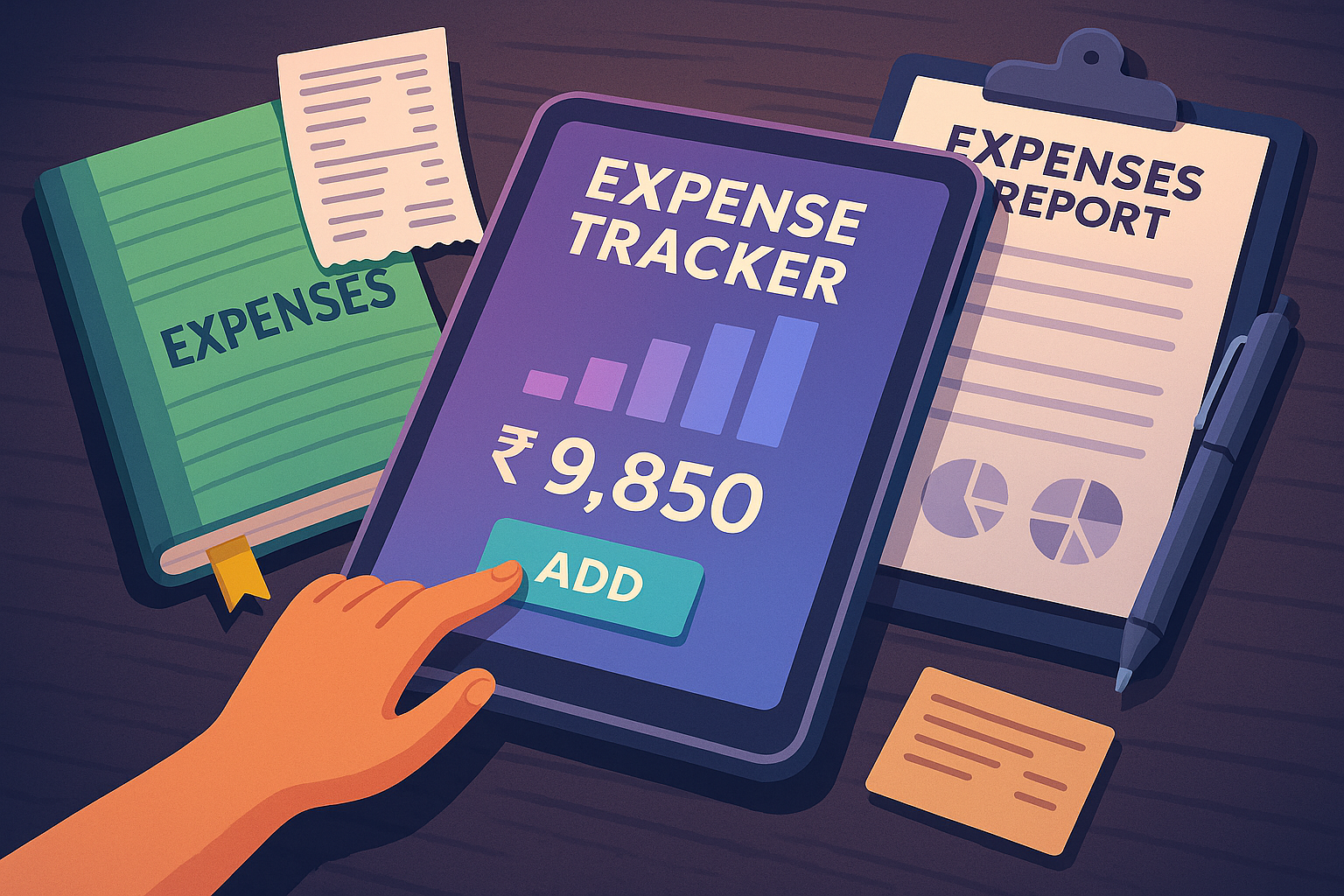 Flat digital illustration of a smart expense tracker interface on tablet with expense registers and shadows