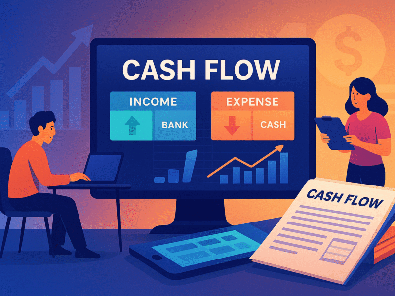 Illustration of small business cash flow management with people managing cash, bank entries, and desktop tools