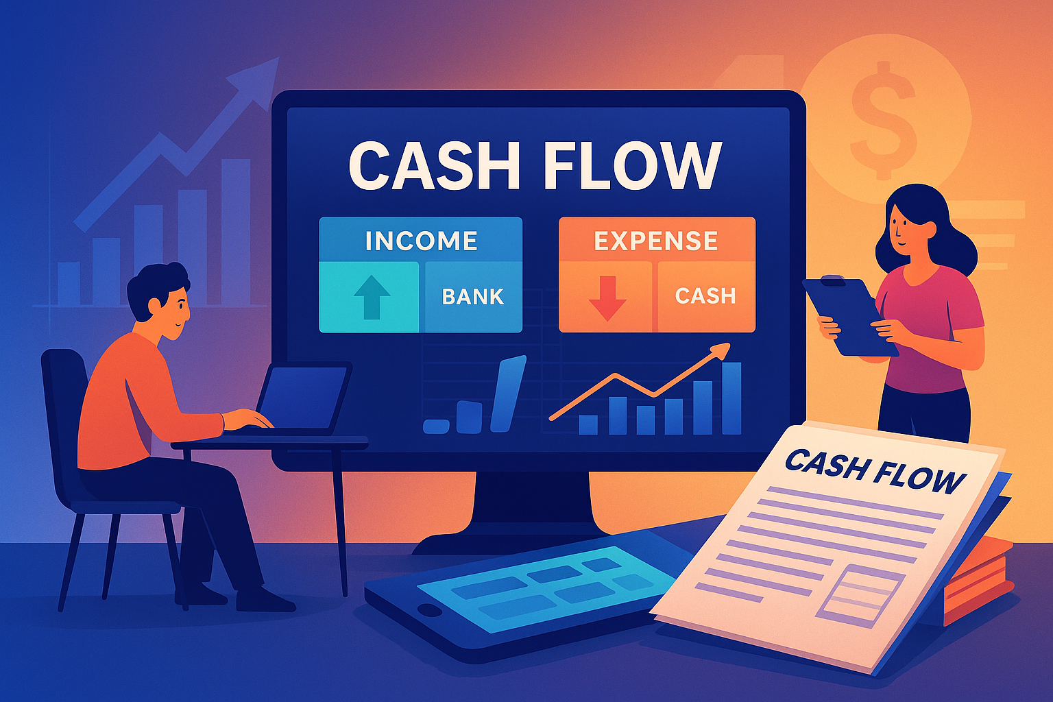 Illustration of small business cash flow management with people managing cash, bank entries, and desktop tools