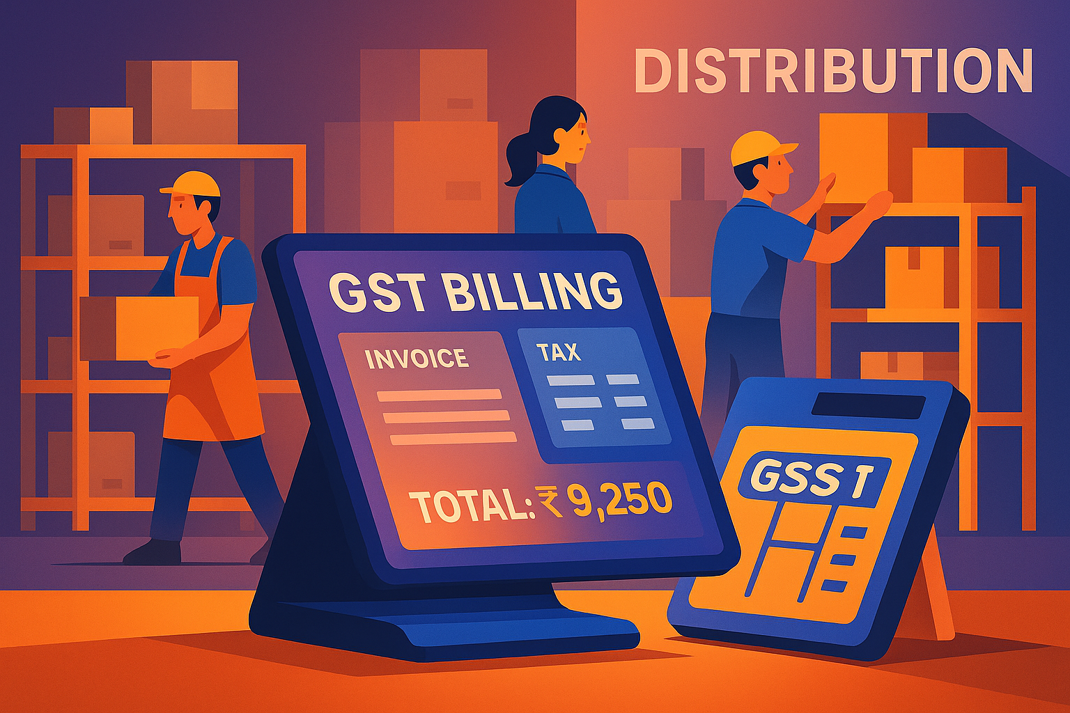GST billing system and POS setup with warehouse workers in distribution center