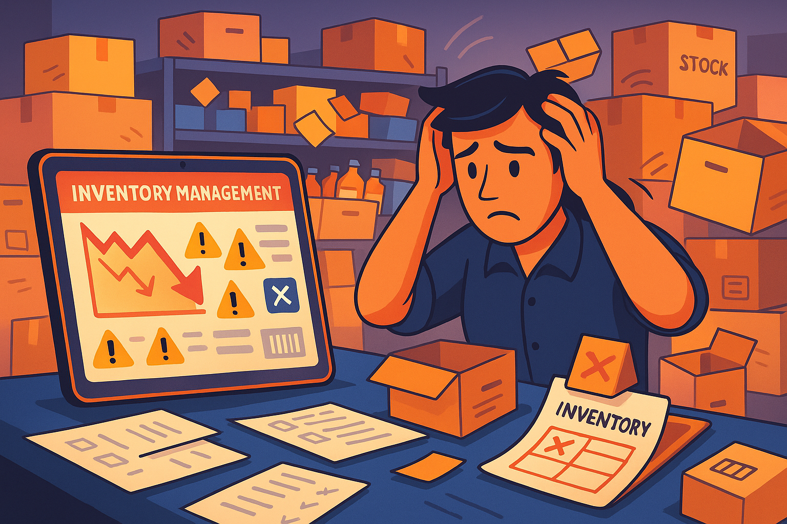 Illustration showing poor inventory management in a cluttered warehouse setting