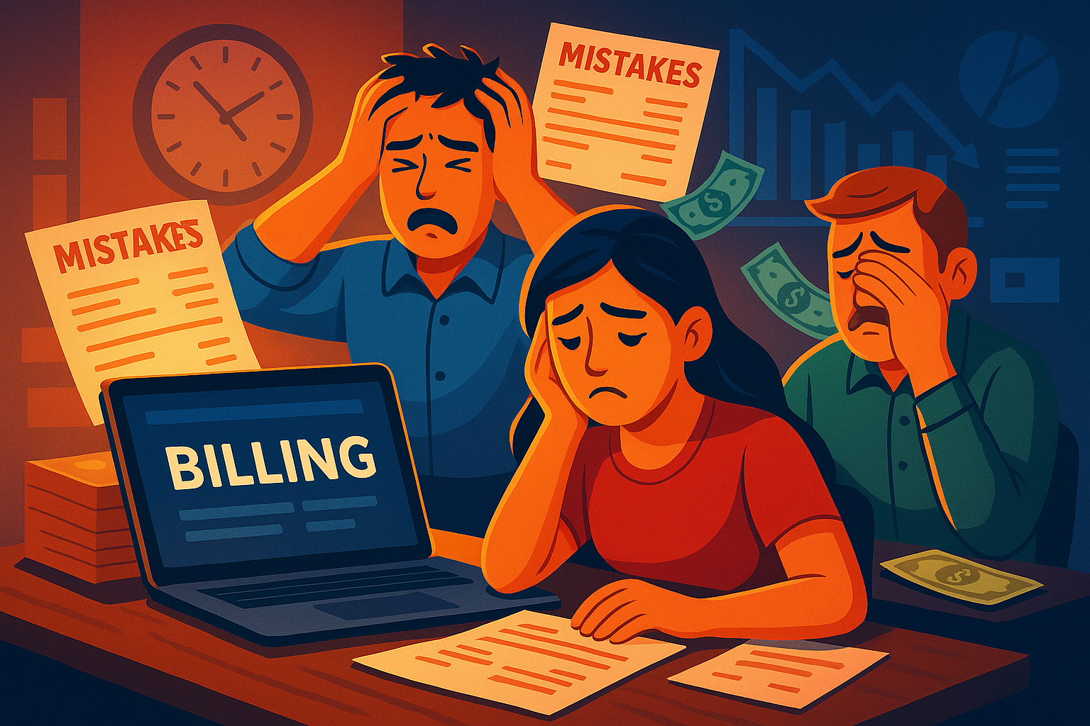 Stressed employees dealing with billing errors in a small business