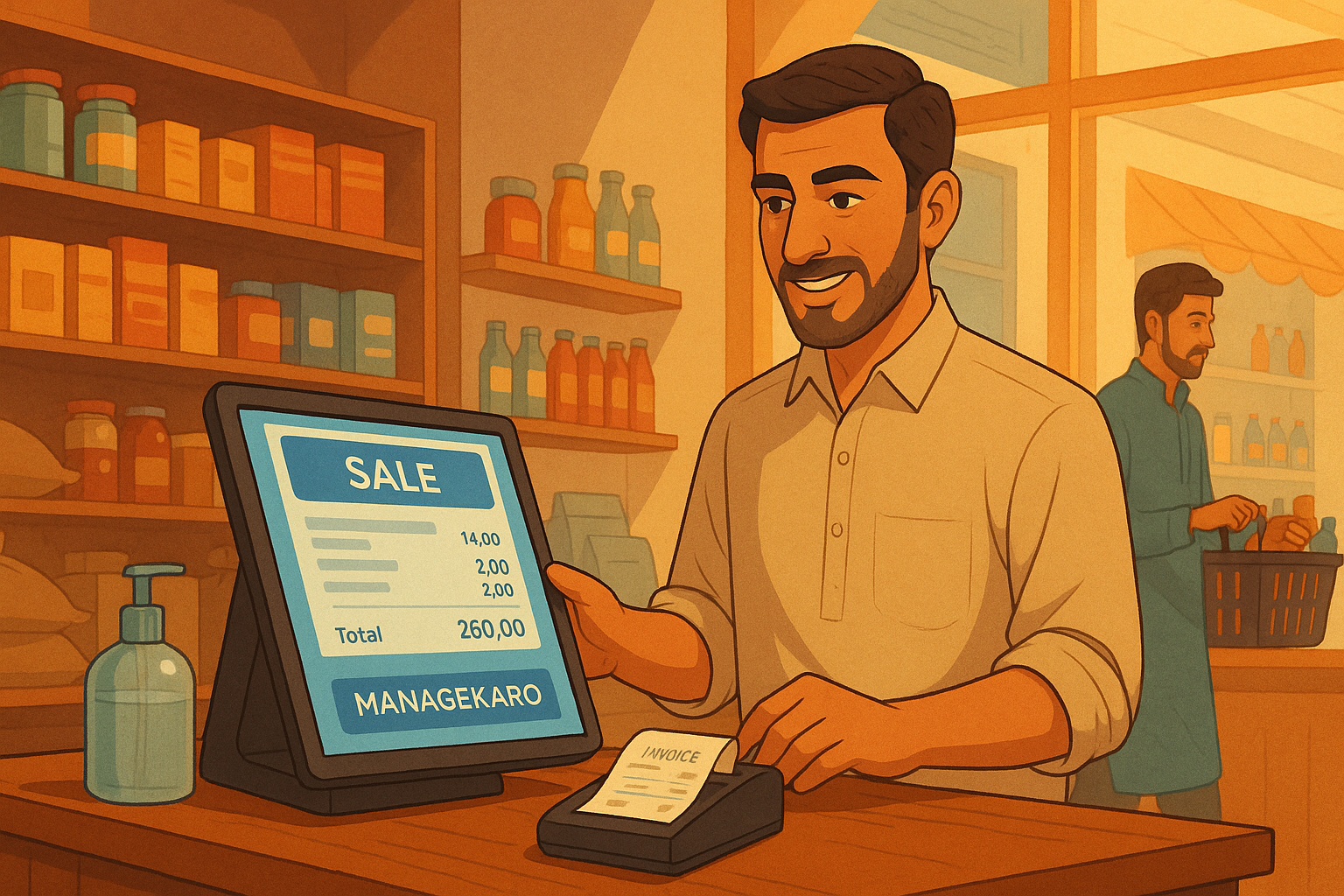 Pakistani retail shopkeeper using POS software for billing