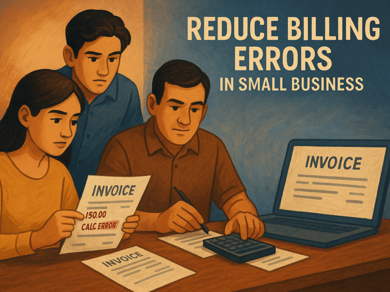 Employees fixing billing errors in small business invoices