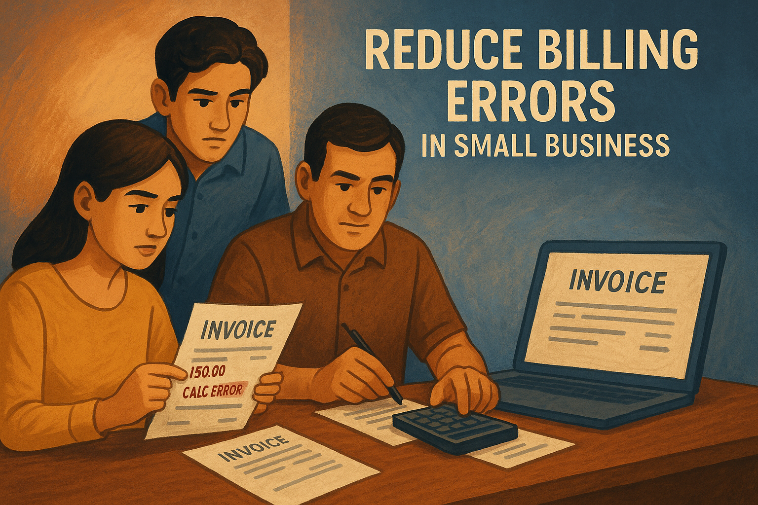 Employees fixing billing errors in small business invoices