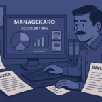 Simplify accounting for small businesses using ManageKaro’s digital dashboard in indigo illustration style