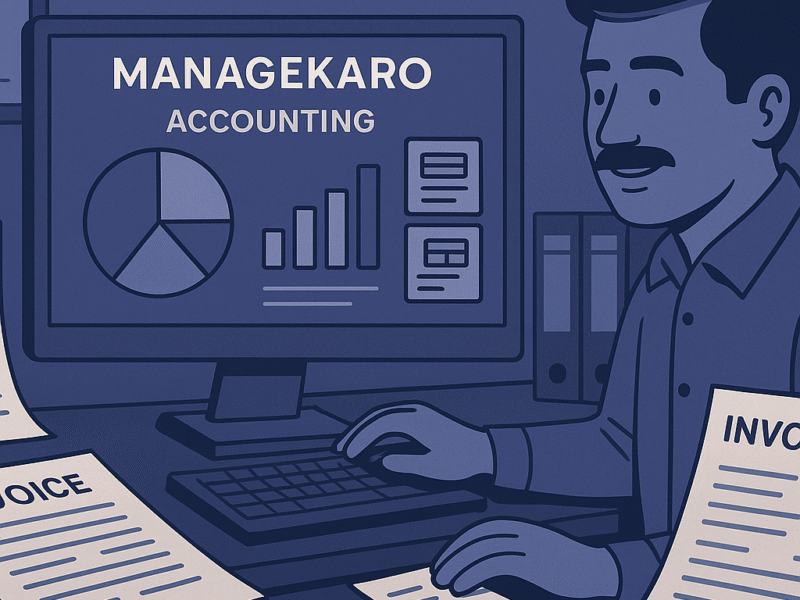 Simplify accounting for small businesses using ManageKaro’s digital dashboard in indigo illustration style