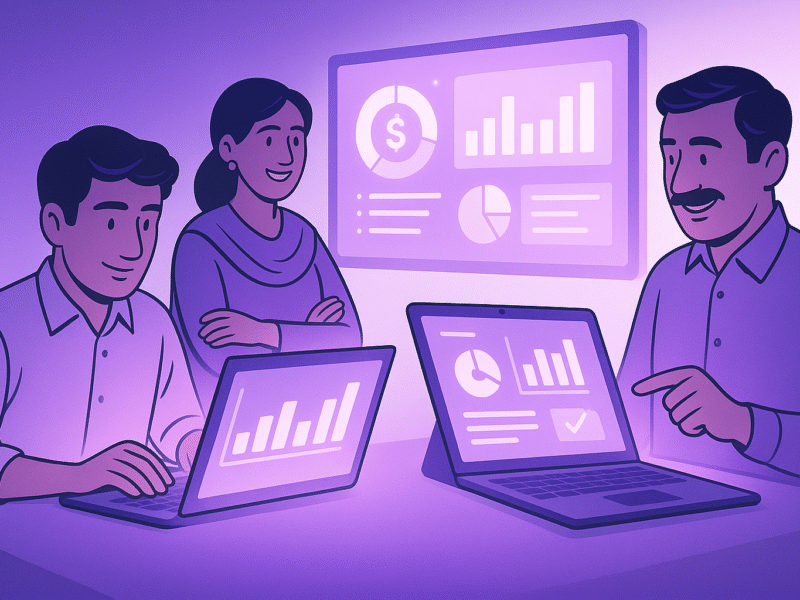 Pakistani SMEs automating business operations with ManageKaro using digital dashboards in a violet-white gradient theme