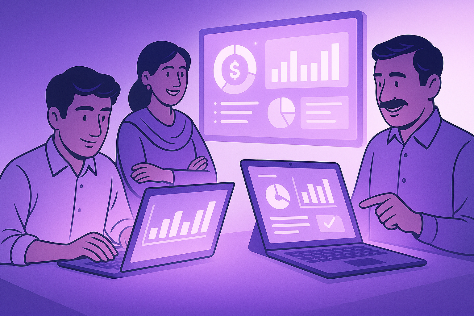 Pakistani SMEs automating business operations with ManageKaro using digital dashboards in a violet-white gradient theme