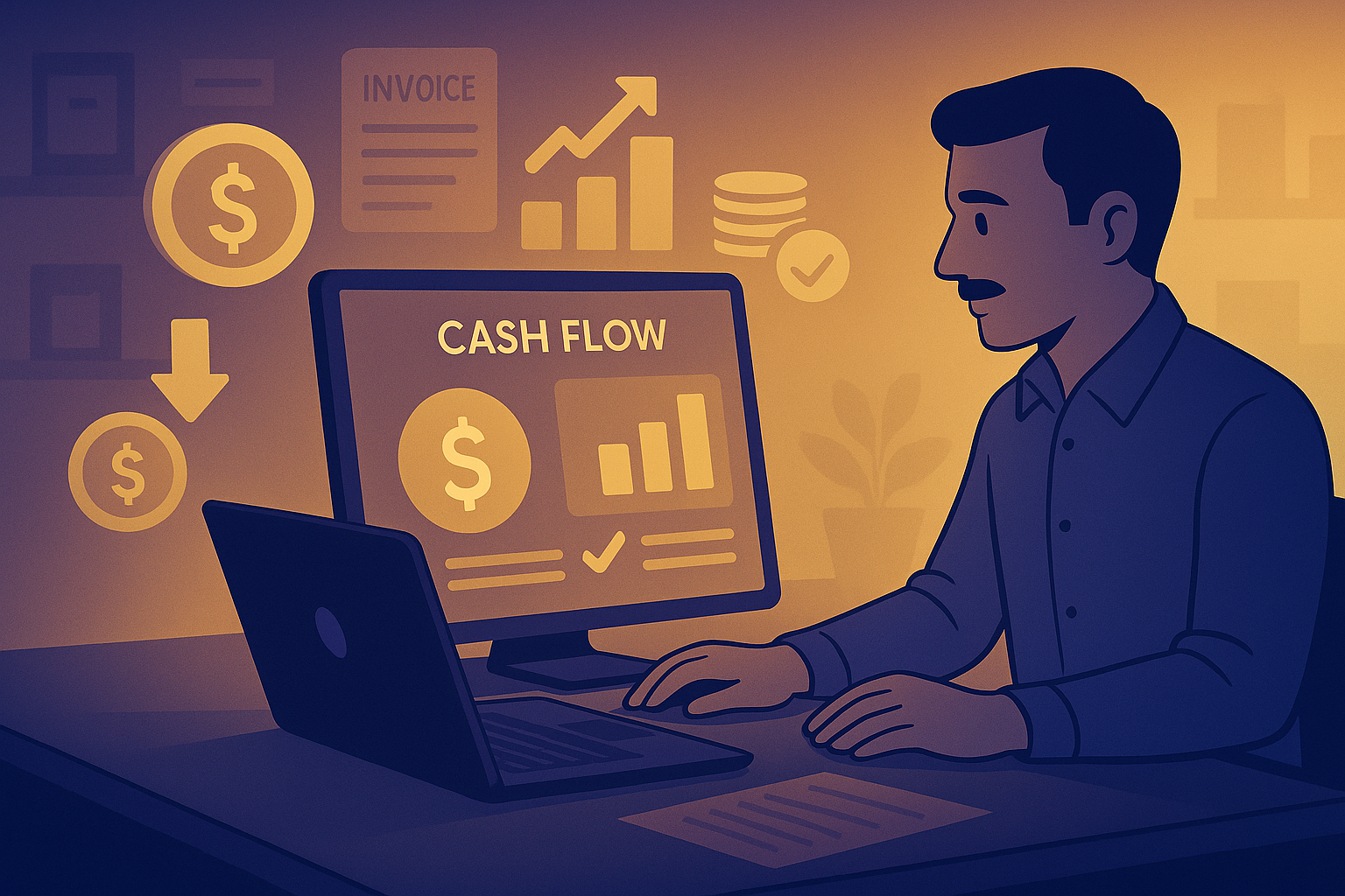 Small business owner managing cash flow with ManageKaro dashboard in indigo and gold gradient theme