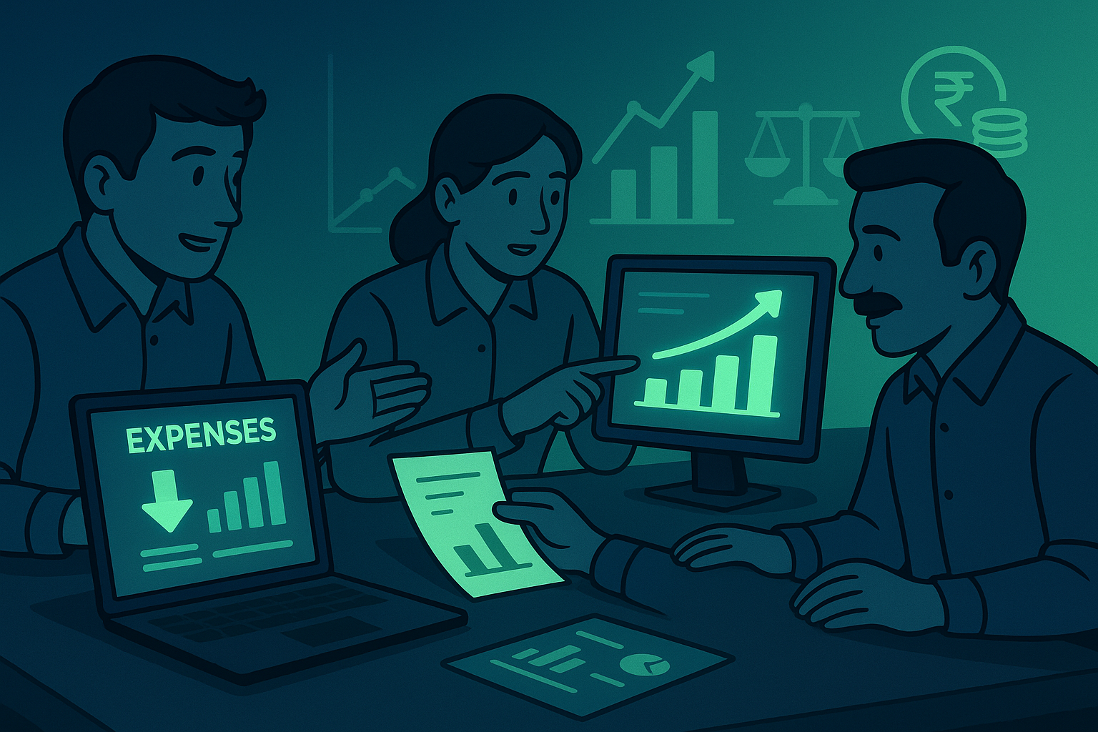 Small business team analyzing expenses and growth on ManageKaro dashboard in blue and green cinematic theme