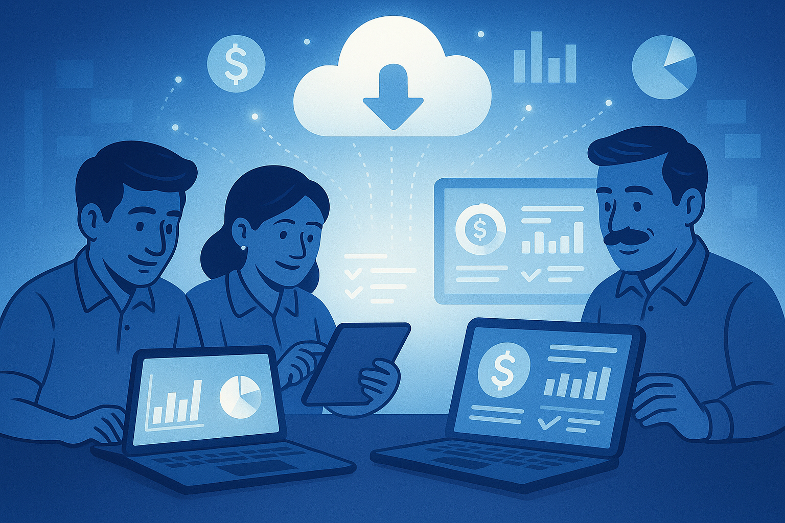 Small business owners using ManageKaro’s cloud accounting system with blue and white glowing dashboards