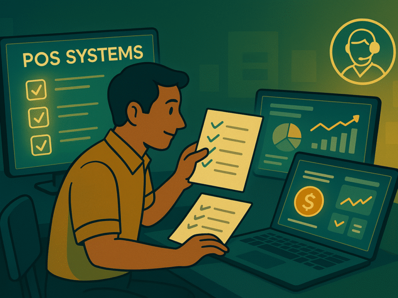 Business owner comparing POS systems using ManageKaro dashboards in a teal and gold cinematic theme