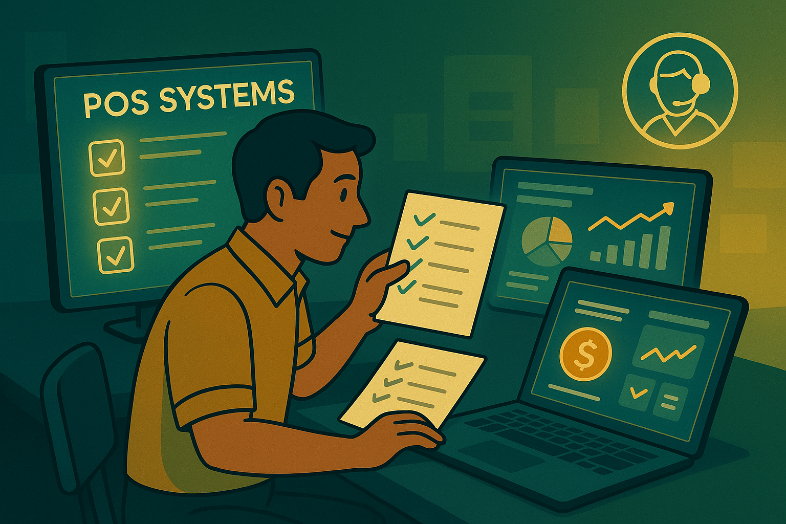 Business owner comparing POS systems using ManageKaro dashboards in a teal and gold cinematic theme