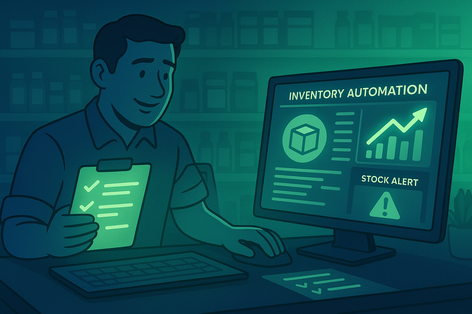 Business owner using ManageKaro’s automated inventory dashboard with blue and green glowing alerts