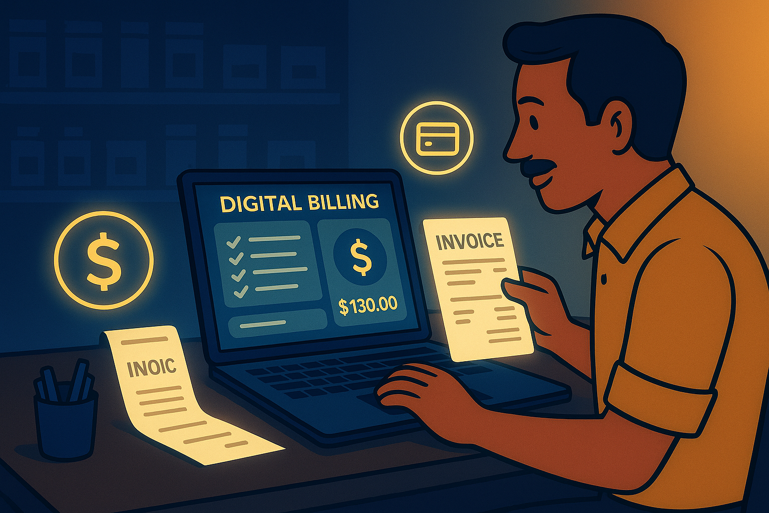 Small business owner creating digital invoices on ManageKaro with blue and gold glowing billing dashboard