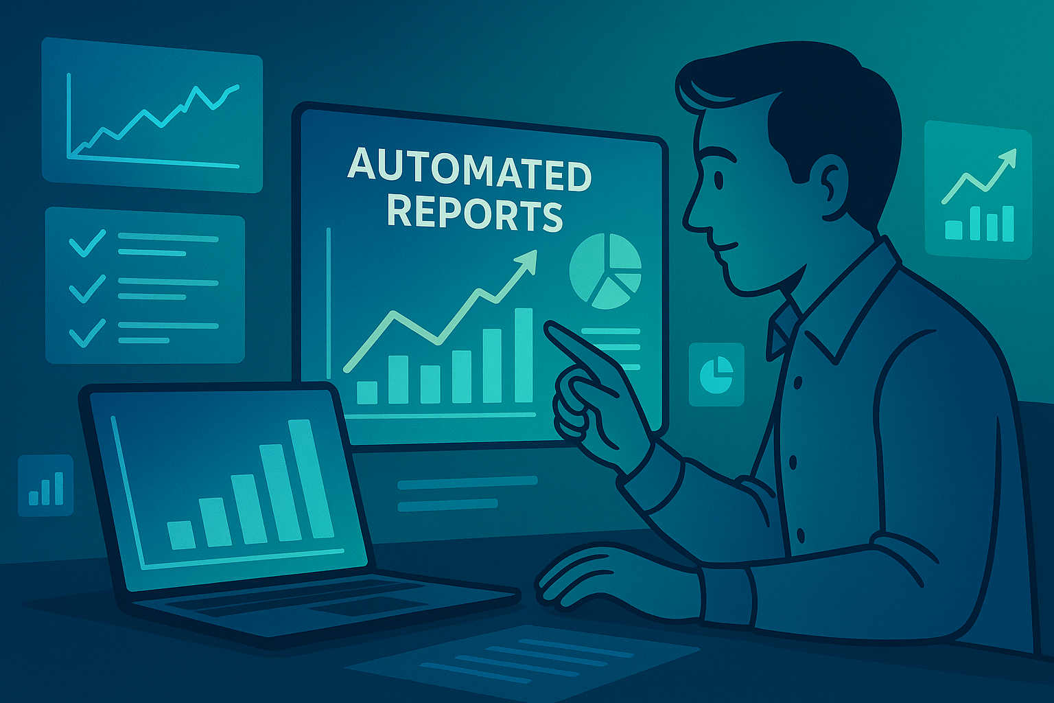 Small business owner analyzing automated reports on ManageKaro dashboard with glowing blue–teal charts