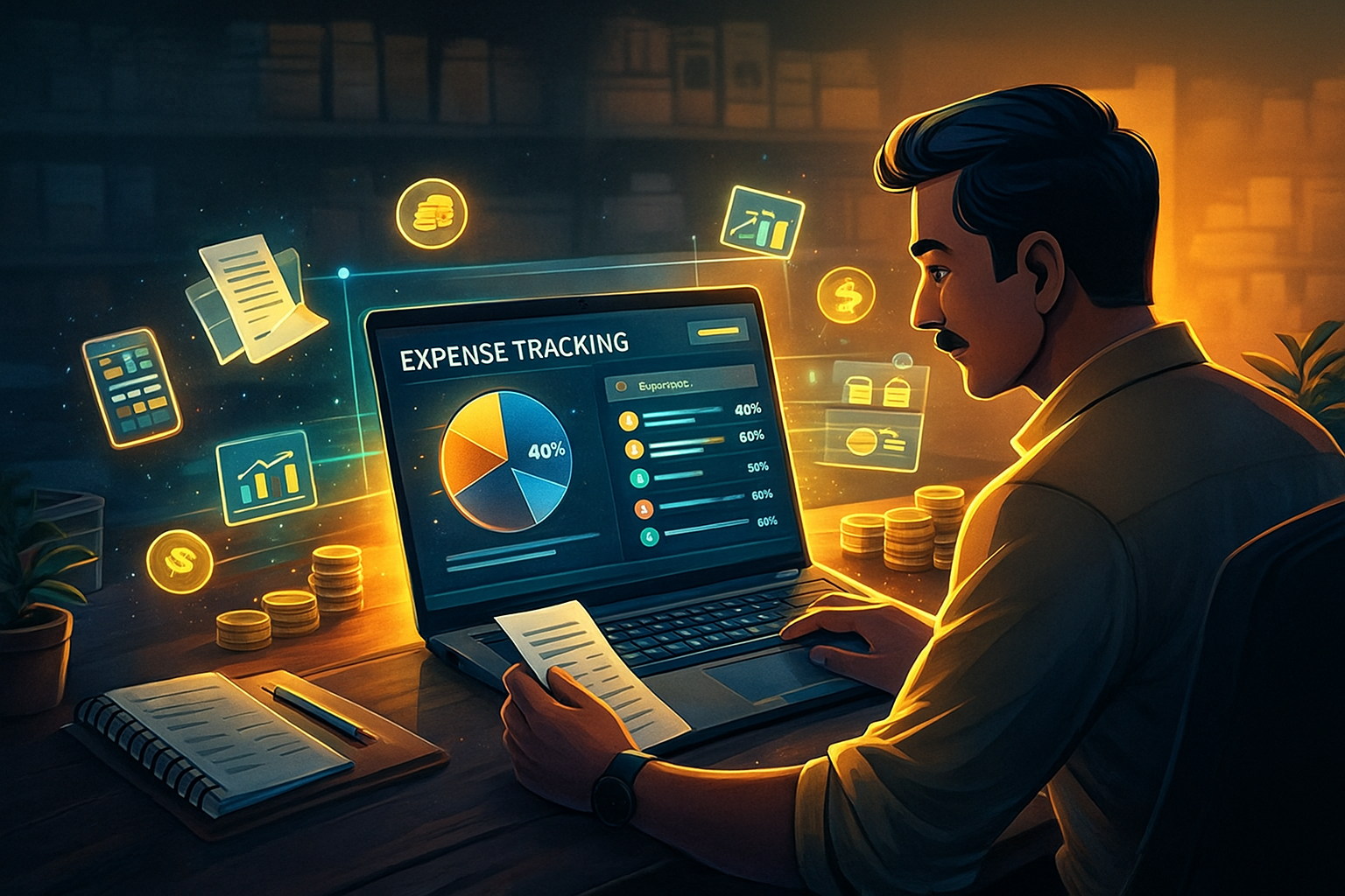 Small business owner reviewing expense tracking dashboard with glowing charts and financial icons in a blue–yellow cinematic theme