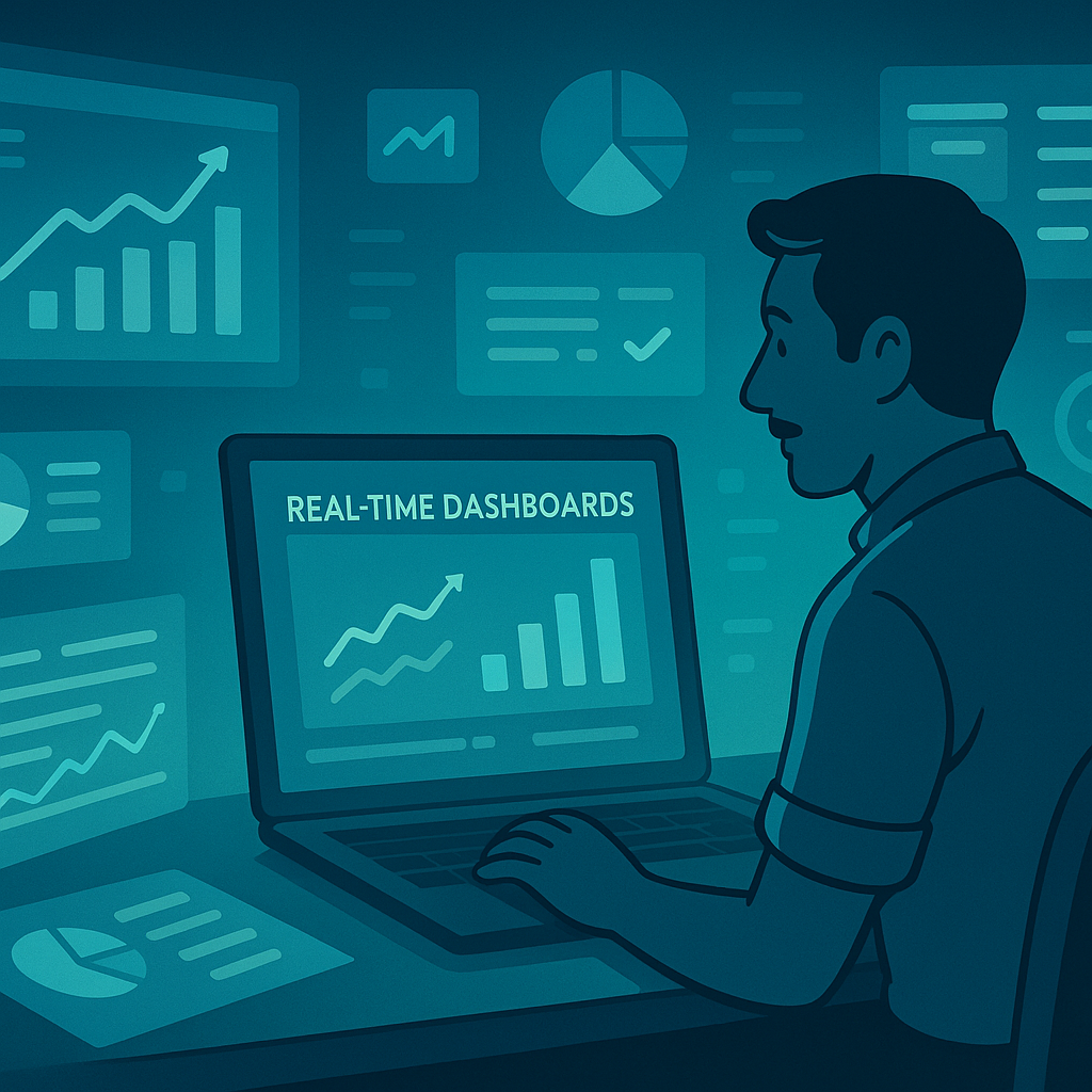 Small business owner analyzing real-time dashboards on ManageKaro with glowing teal-blue charts and metrics