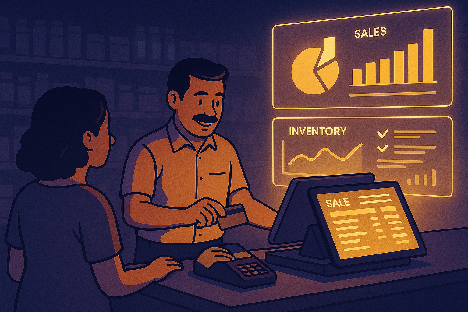 Small business owner using ManageKaro POS system with glowing sales and inventory dashboards in indigo and gold gradient theme