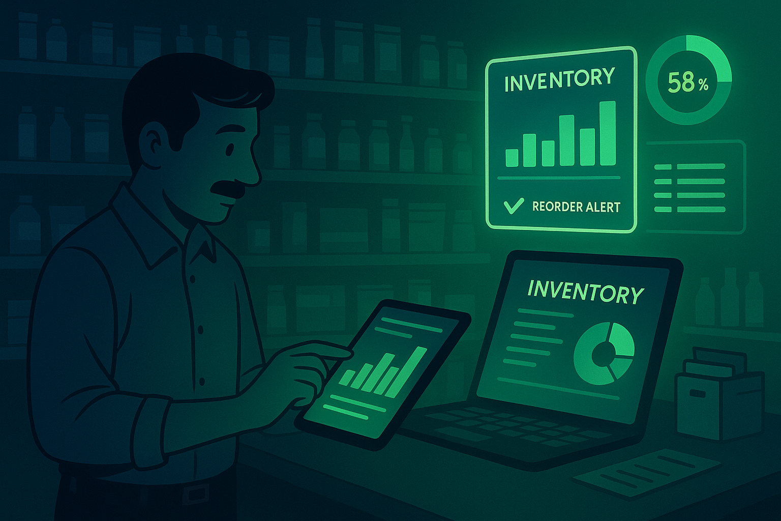 Retail manager using ManageKaro dashboard to track inventory with glowing indigo and green interface